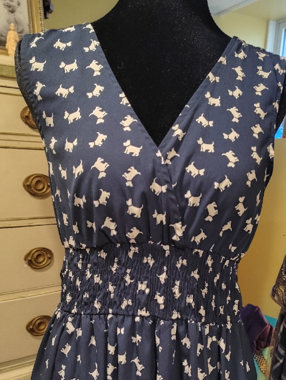 Derek Heart Navy V-Neck Smocked Waist Mini Dress with White Dog Print - Picture 3 of 11